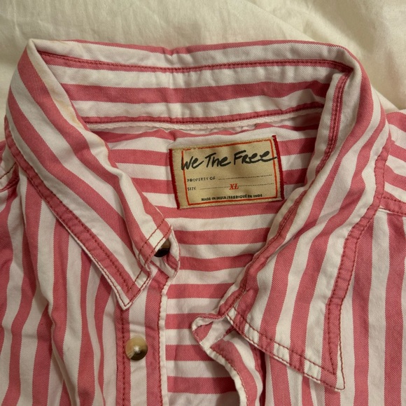 Free People Oversized Coral Pink & White Striped Button Up Shirt - Picture 3 of 7